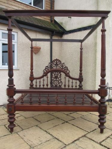 Polished Wood Tone Floral Canopy Carved Poster Bed Frame