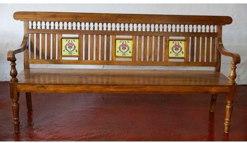 Polished Hardwood Tile Inlay Slat Backrest Wooden Bench