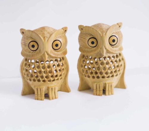 Handcrafted Carved Owl Set Of Two, Color : Brown