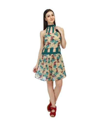 Beige Georgette Floral Print Western 1 Piece