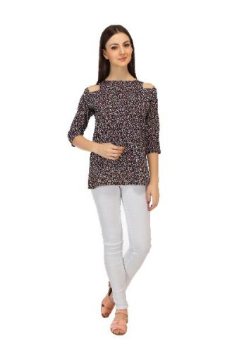 OOVAO Blue Crepe Printed Western Top, Gender : Female