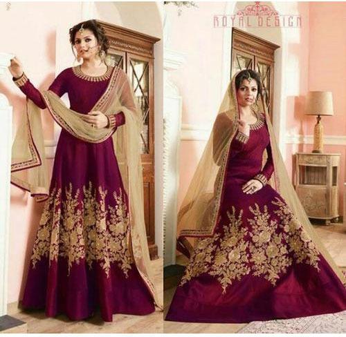Party Wear Anarkali Suits, Color : Maroon Golden