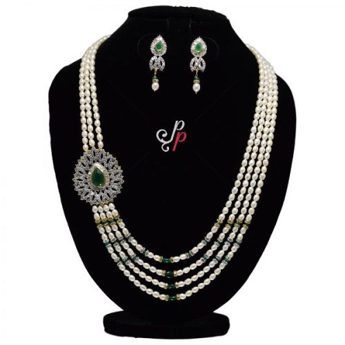 Designer Pearl Necklace In Shiny White Oval Pearls and Emerald Pendant