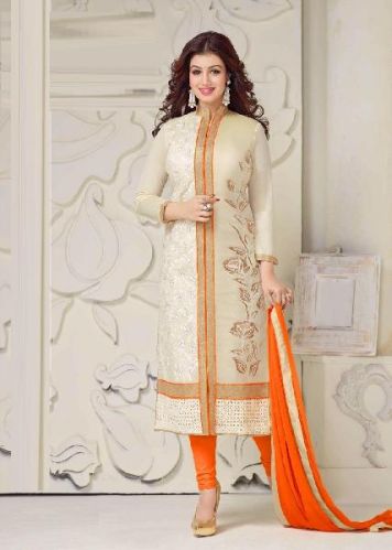 Orange Chanderi Cotton Straight Suit, Color : Cream