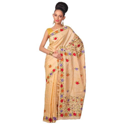 Hand Embroidered Bengal Handloom Saree, Color : Beige