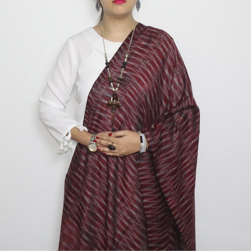 Maroon & Grey Striped Hand Woven Pashmina Stole