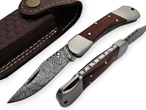 Mini Beretta Pocket Knife Damascus Steel Blade Wood Handle