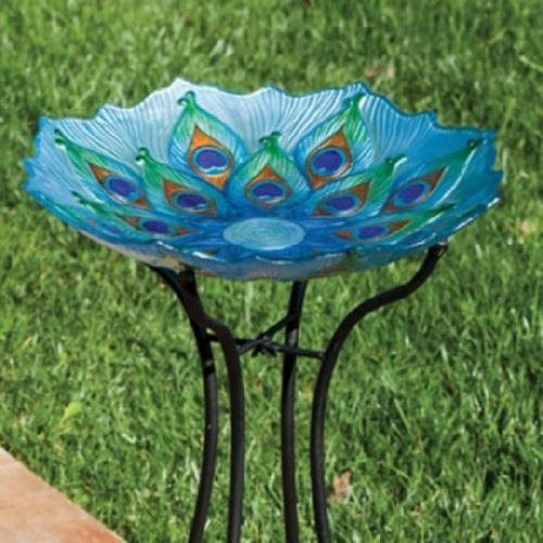 Peacock With Scalloped Edge Glass Bird Bath