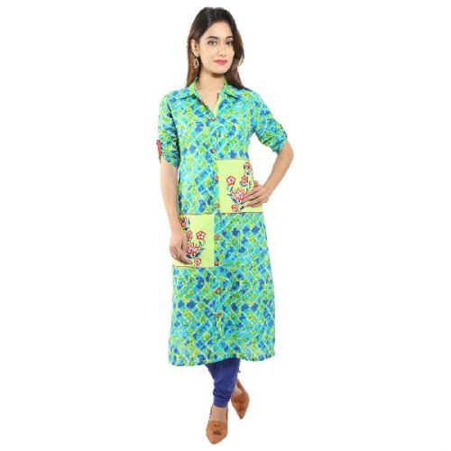 Embroidery Cotton KhushalK Printed Long Kurti, Style : Straight Style, Exclusive Look