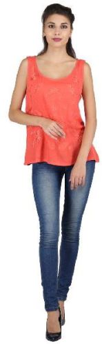 Orange Crape Sleeve Less Top
