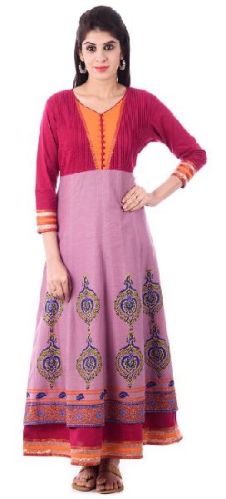 Hand Block Printed Kalidar Pintuck Kurtis