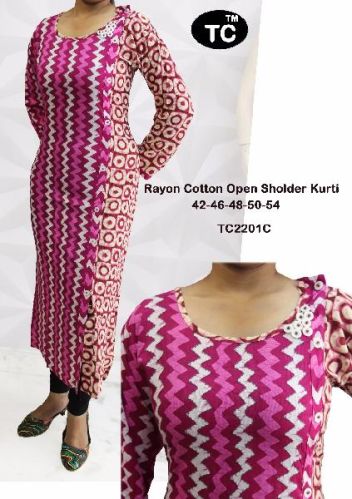 Rayon Cotton Off Shoulder Pink Kurti