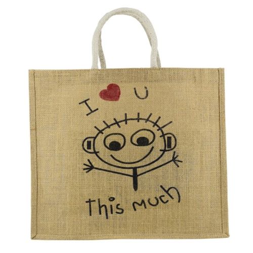 Jute I Love U This Much Printed Tote Bag