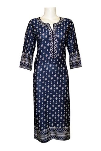 Navy Blue Printed Rayon Long Kurta