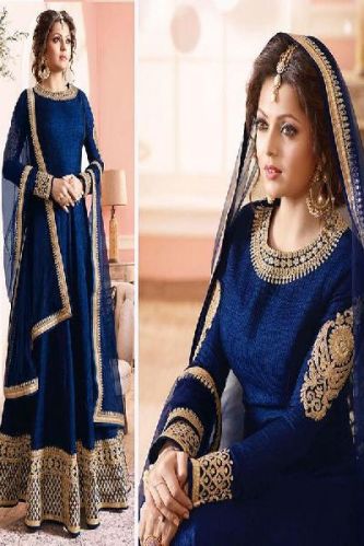 Poly Silk Machine Work Blue Long Anarkali Suits