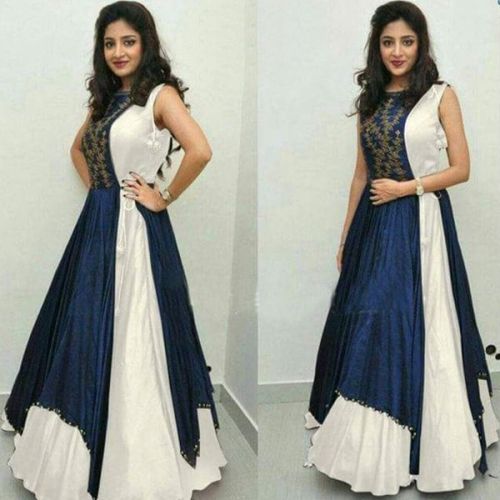 Poly Silk White & Blue Plain Long Suits