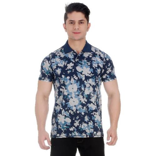 GirggiOverdyed Snorkel Blue All Over Floral Print Pique Cotton Polo T-Shirt For Men With Enzyme Wash