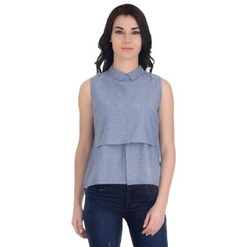Girggit Blue-cotton-georgette-sleeveless-layered-top-with-collar