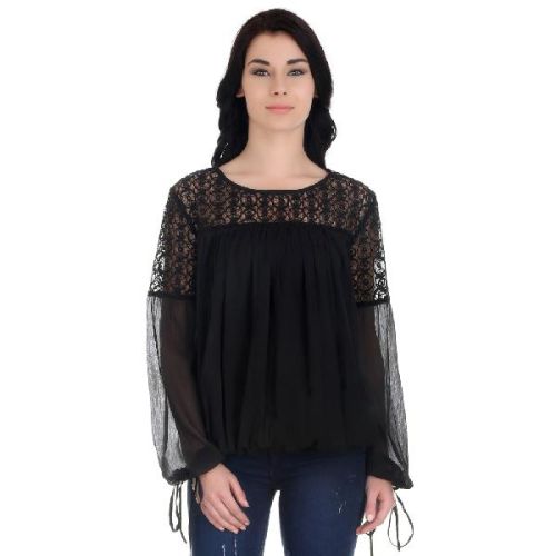 Girggit Black Polyester Chiffon Round Neck 3/4th Sleeves Top With Lace Cut And Sew