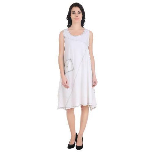 Girggit Cloud Dancer Cotton Round Neck Long Sleeveless Overdyed Dress With Pocket