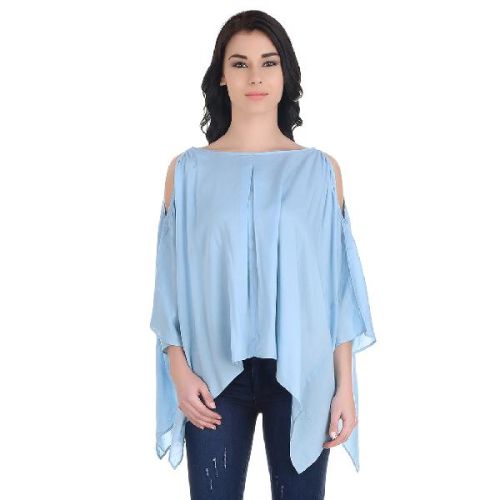 Girggit Ocean Blue Viscose Boat Neck Pleated Drop Shoulder Top With 3/4 Sleeve