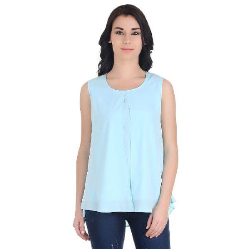 Girggit Turquoise Polyester Round Neck Sleeveless Layered Top