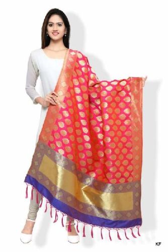 KF Rani Pink and Royal Blue Banarasi Dupatta With Floral Motifs