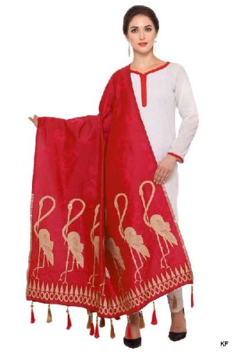 KF Red And Golden Banarasi Dupatta With Crane Bird Design