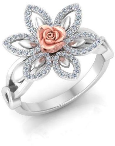 14Kt White Gold Diamond Flower Ring With Rose On Top