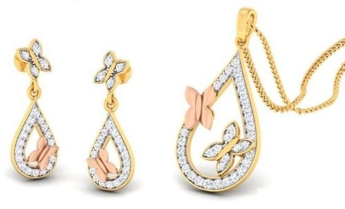 14kt Gold Oval Shape With 2 Beautiful Butterfly Diamond Pendant Set