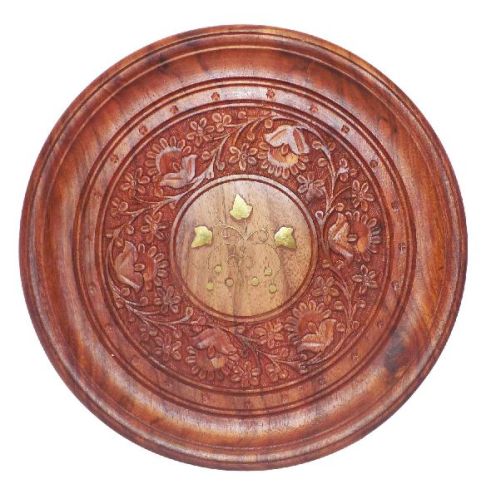 Wooden Handcrafted Plate With Center Brass Work