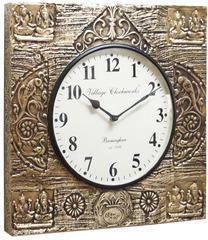 Square Lakshmi Ganesh Brass Fitted Wall Clock, Overall Dimension : 16x16x10 Cm