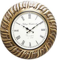 Round Wood Brass Fitted Wall Clock, Overall Dimension : 18x18x12 Cm