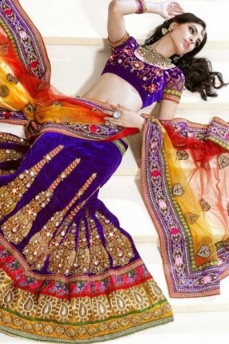 Embroidered Orange and Violet Lehenga Choli