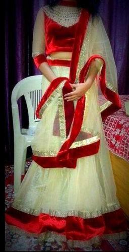 Simple Net Cream and Red Lehenga Choli