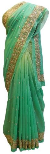 Green Georgette Hand Embroidery Work Saree