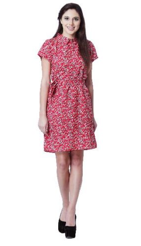 FLORAL PRINT CREPE RED SHORT DRESS, Age Group : 15-40