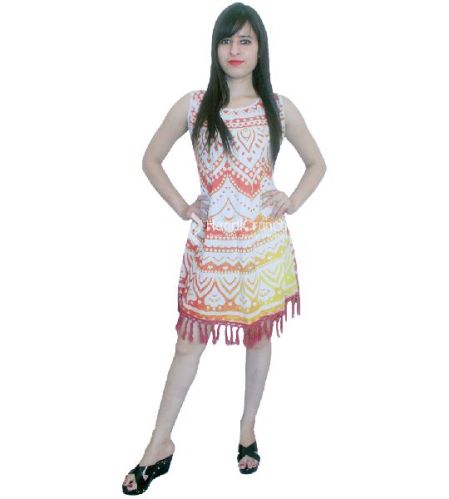 Orange Mandala Sleeveless Party Dress, Feature : Short Skirts