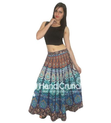 Cotton Handmade Peacock Feather Mandala Print Floor Length Long Skirt