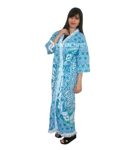 Womens Blue Ombre Flower Printed Kimono Robe