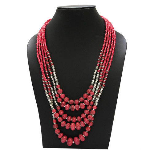 Metal Red Beaded Chain Necklace