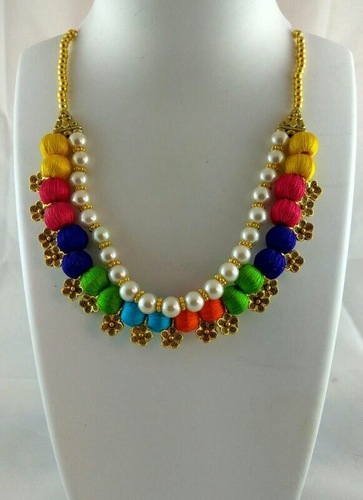 Silk Thread Necklace With Pearl Beads