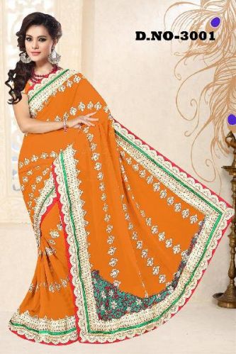 Aarya Ethnics Net Embroidered Sarees_DN-3001-A, Color : Orange