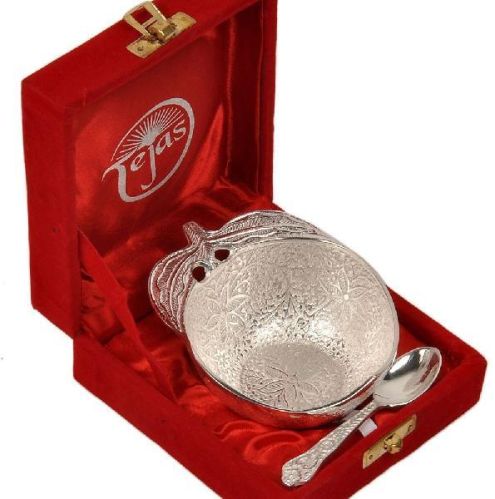 Little India Silver Polished Apple Shape Brass Bowl N Spoon