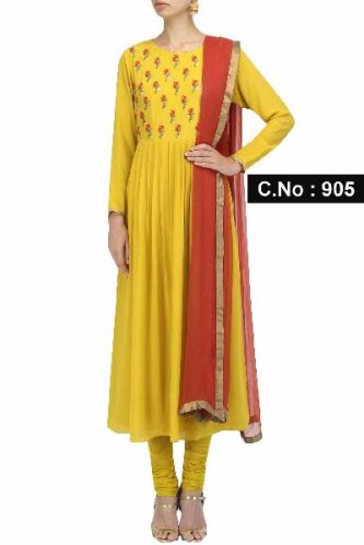 Designer Yellow Anarkali Salwar Suit, Size : Free