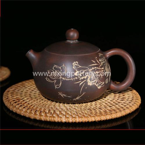 Chinese Nixing Lotus Flower Carving Xishi Pottery Tea Pot