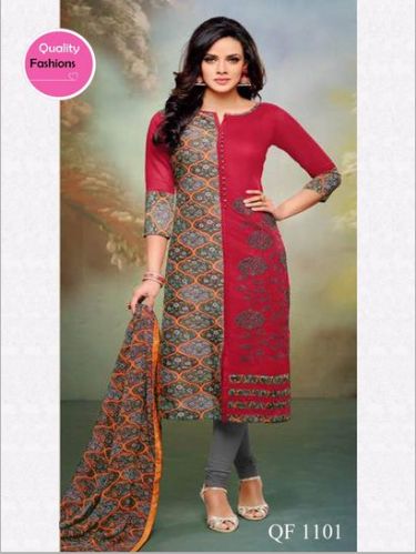 Unstitched Embroidered Chanderi Cotton Churidar Suit