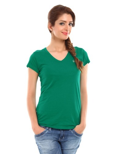 Cotton Ladies V Neck T-Shirts, Color : Green