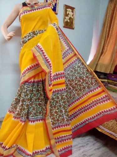 Kerala Cotton Hand Block Printed Sarees, Technics : Handloom