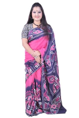 Batik Print Cotton Sarees, Color : Pink + Purple